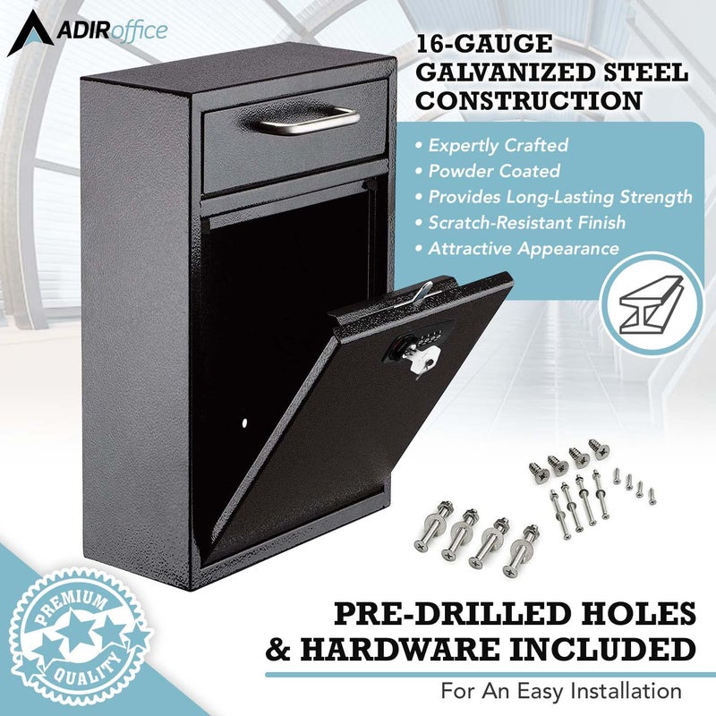 AdirOffice Wall Mount Mailbox - Combination Mailbox with Keys- Durable Wall Mounted Locking Mail Box and Cash Drop Box for House, Apartments and Business After Hours Deposits (Large, Black) - Image 2